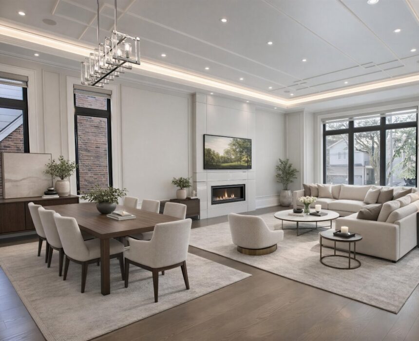 Open-concept living and dining room with maintained interior finishes
